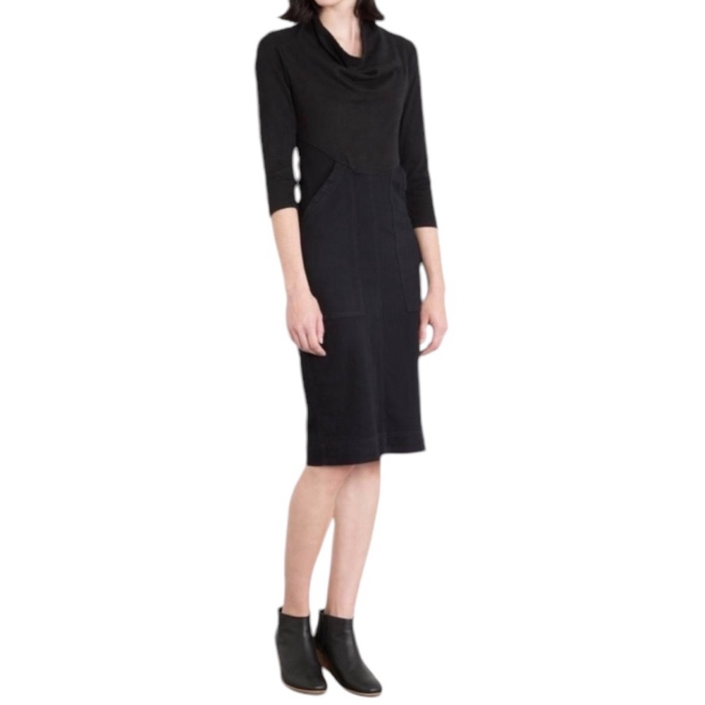 Prairie Underground Black 3/4 Sleeve Fitted Denim Dress with Stretch Ribbing